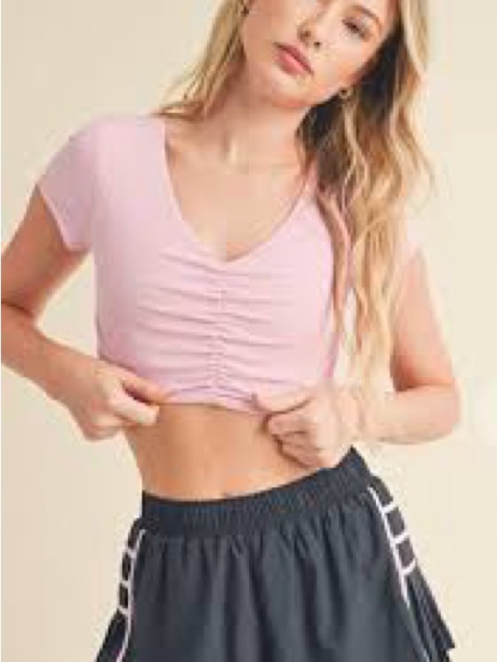 Women’s Ruched V-Neck Crop Top - Light Pink
